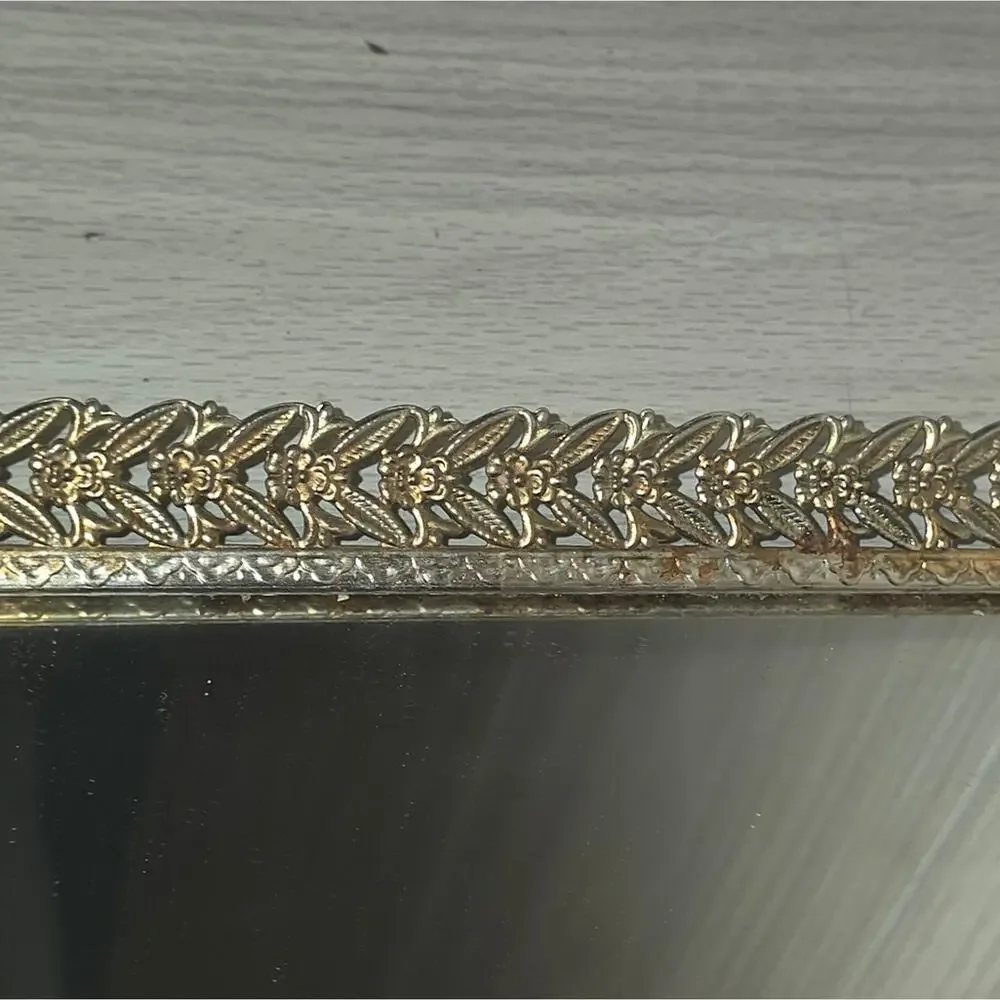Vintage Fillagree Gold Tone Rectangle Mirrored Vanity Tray Trinket Display
